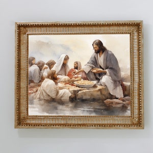Jesús alimenta a los 5000, descarga digital, 5 panes y 2 peces, La alimentación de los 5000, Arte de Jesús, Arte mural bíblico, Fe cristiana, Pintura al óleo