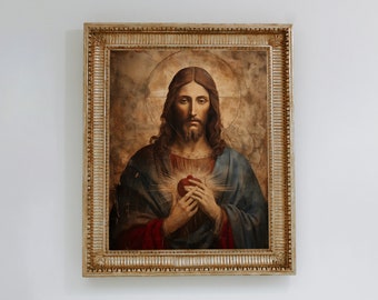 Sacred Heart of Jesus - Traditional Christian Iconography Digital Art, Rustic Divine Light Canvas Print - DIGITAL DOWNLOAD #50