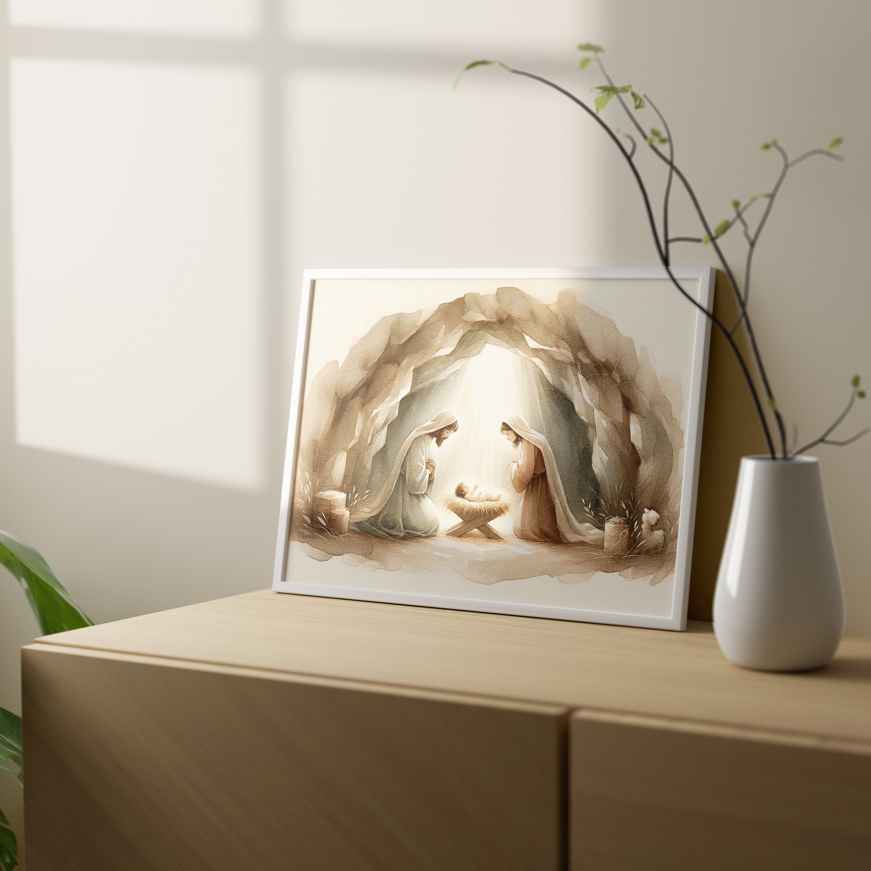 Serene Nativity Scene Watercolor Minimalist Holy Family With Baby Jesus