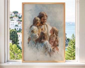 Jesus Blessing Children | Christ with Children Painting | Christian Wall Art for Family 569