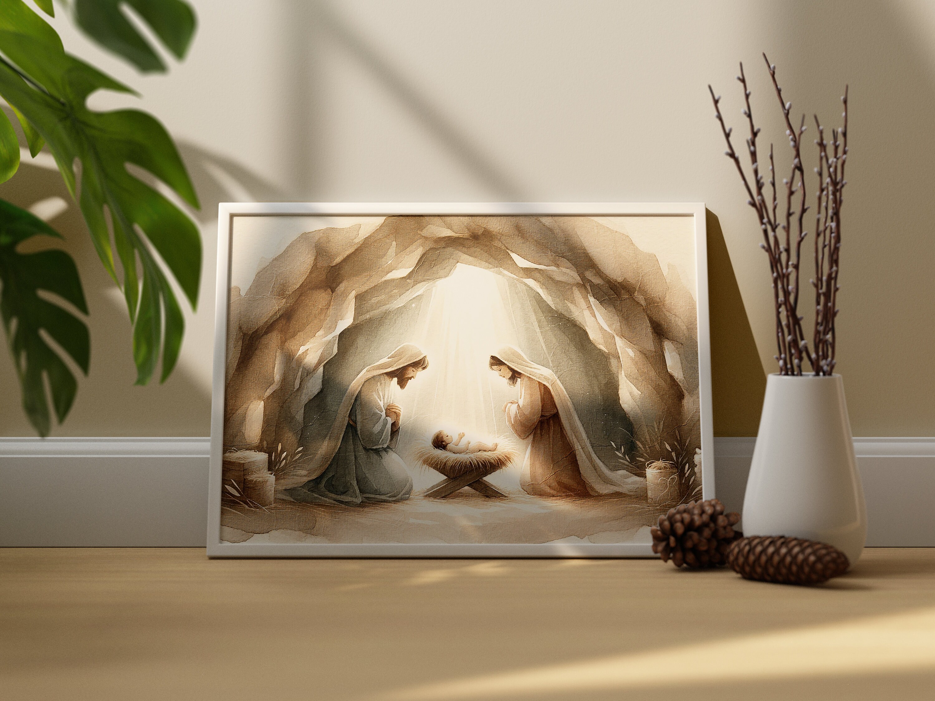 Serene Nativity Scene Watercolor Minimalist Holy Family With Baby Jesus