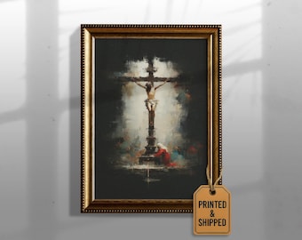 May include: Framed religious artwork depicting the crucifixion of Jesus Christ. The painting features a dark background with a central figure on a cross, and figures at the base. The frame is gold with a textured border. The tag says "PRINTED & SHIPPED".