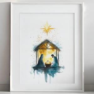 L&#39;étoile de la nuit sainte - aquarelle minimaliste de scène de la nativité, Jésus de Noël, impression d&#39;art numérique pastel doux | Téléchargement numérique n° 386