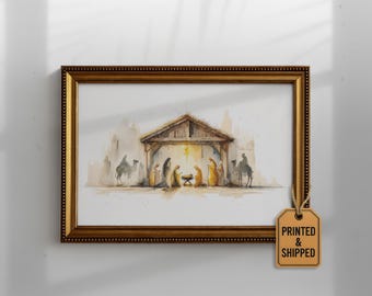 Aquarell Krippe Gemälde | Heilige Familie Weihnachtskunst | Die drei Weisen Christian Wanddruck 473