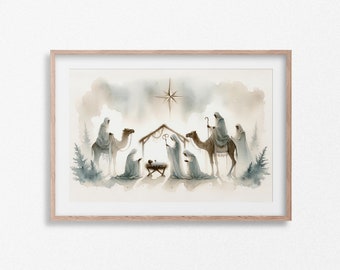 Minimalist Nativity Scene Watercolor - Christmas Jesus, Soft Pastel Digital Art Print | Digital Download #128