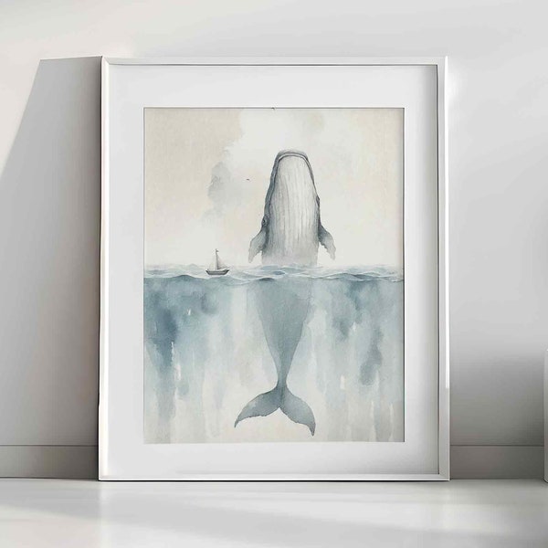 Jona und der Wal - Minimalistisches Aquarell, ruhige See und spirituelle Botschaft | Jesus Kunst, Bibel Wandkunst | Digitaler Download #189