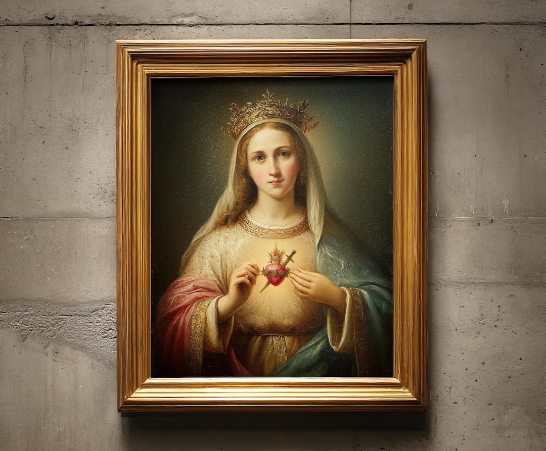 Immaculate Heart of Mary Oil Painting Print, Virgin Mary With Golden ...