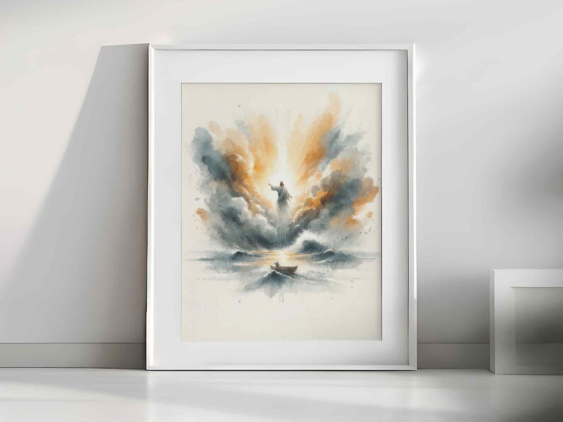 Jesus beruhigt den Sturm Serene Aquarell Kunst, Moderne christliche 