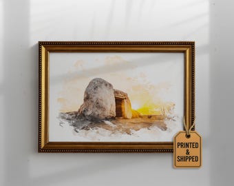 Può includere: Una stampa ad acquerello incorniciata di una struttura in pietra al tramonto. L'opera d'arte è in una cornice dorata ornata. Un'etichetta con la scritta "PRINTED & SHIPPED" è appesa alla cornice.