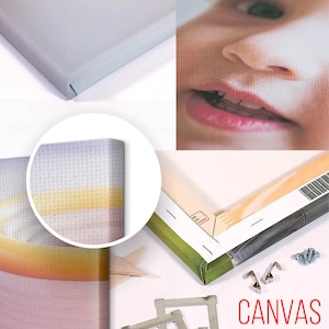 May include: Close-up shots of a canvas print, showcasing the wrapped edges and the printed surface. The word "CANVAS" is printed in red. Hardware for mounting is also visible.