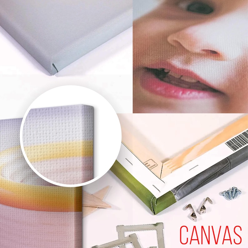 May include: Close-up shots of a canvas print, showcasing the wrapped edges and the printed surface. The word "CANVAS" is printed in red. Hardware for mounting is also visible.