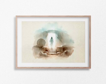 Op de afbeelding: Een aquarel schilderij dat een figuur in witte gewaden toont die uit een graf loopt. Het graf is gemaakt van steen en heeft een grote, ronde steen die de ingang blokkeert. De figuur wordt omringd door een helder licht, en er is een kruis op de achtergrond.