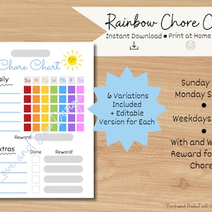Chore Chart for Kids | Rainbow Chore Chart | Chore Chart Printable | Allowance Chore Chart | Editable Chore Chart | Chore Chart Template