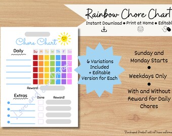 Chore Chart for Kids | Rainbow Chore Chart | Chore Chart Printable | Allowance Chore Chart | Editable Chore Chart | Chore Chart Template