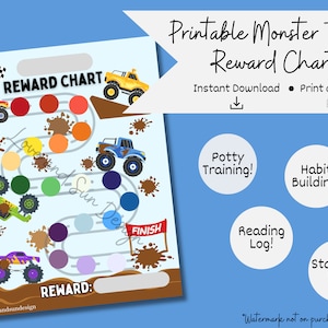 May include: Printable monster truck reward chart with a blue background. The chart features a colorful path with monster trucks and mud splatters. The chart is designed for potty training, habit building, reading logs, and staying in bed. The chart includes a space for a reward.