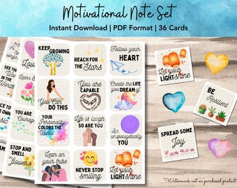 May include: A set of 36 motivational note cards with watercolor backgrounds and inspirational quotes. The cards feature phrases like "Keep Growing", "You Are Capable", "Let Your Light Shine", and "Never Stop Smiling".