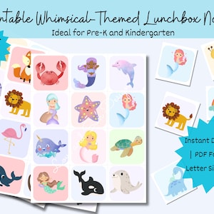 May include: A set of printable lunchbox notes featuring 60 total cards with illustrations of animals, mermaids, and rainbows. The cards are displayed on letter size pages in PDF format with text reading Printable Whimsical-Themed Lunchbox Notes.