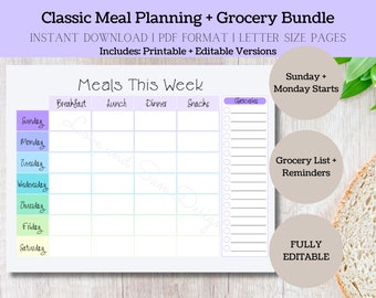 Weekly Meal Planner | Grocery List | Printable Meal Planner | Digital Meal Planner | Family Meal Planner | Printable & Editable