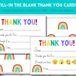 Kinder ausfüllen Danksagungen Regenbogen | Kinder Danksagungen | Druckbare Dankesnotizen | Kinder füllen die leeren Dankeskarten aus | Kleinkind Thank