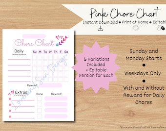 Chore Chart for Kids | Pink Chore Chart | Chore Chart Printable | Allowance Chore Chart | Editable Chore Chart | Chore Chart Template