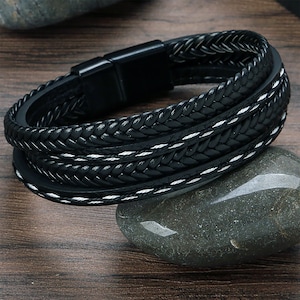 Fashionable Men&#39;s Leather Bracelet - Hand-Woven Multi-Layer Design with Stainless Steel Accent - Stylish Man Jewelry