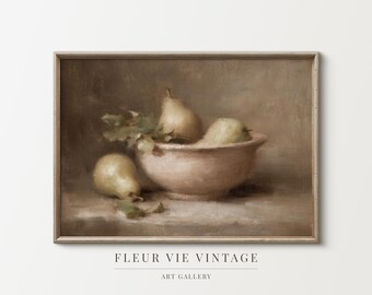 Vintage Pear Still Life Oil Painting Print, Rustic Kitchen Art (Digital Download)