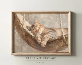 Cat Oil Painting | PRINTABLE Wall Art | Sleeping Cat | Animal Oil Painting | Muted Colors