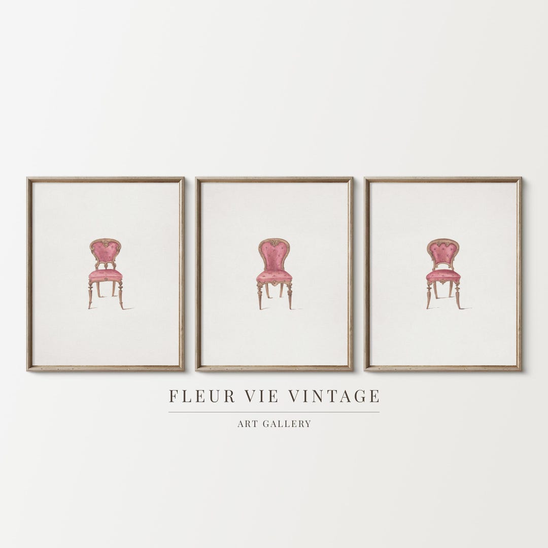 Pink Drawing Chair Set of 3 Vintage Pink Chairs Illustration | Digital Download for ...