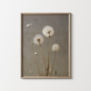 Lámina vintage de pintura al óleo de diente de león, arte mural botánico rústico, decoración campestre natural (descarga digital)