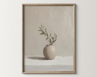 May include: A painting of a single sprig of green leaves in a beige ceramic vase on a white surface. The background is a light beige.