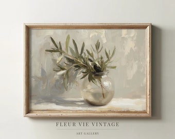 Olive Oil Painting | PRINTABLE Wall Art | Floral Still Life | Green Olive Branch | Muted Colors