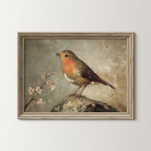 Red Robin Oil Painting: stampabile Bird and Flower Wall Art Digital Download