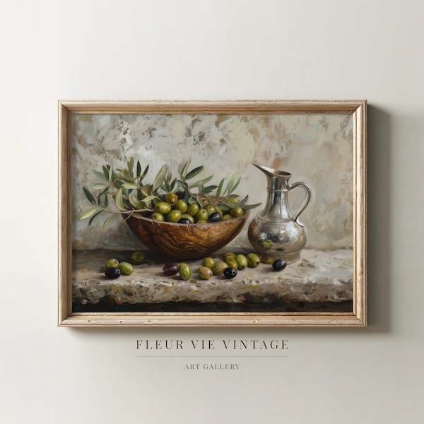 Olive Oil Painting | PRINTABLE Wall Art | Floral Still Life | Green Olive Branch | Muted Colors