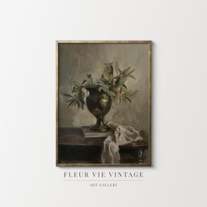 Naturaleza muerta con ramas de olivo: arte de pared imprimible con flores verdes / póster de pintura al óleo con descarga digital