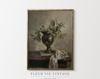Olive Branch Still Life: Green Floral Printable Wall Art | Digital Download Oil Painting Poster