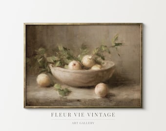 Stillebenmålning av vintagefrukt, antik köksinredning (digital nedladdning)