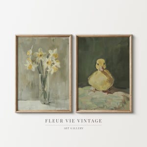 Blumen Ölgemälde | 2er Set Drucke | DRUCKBARE Wandkunst | Entlein Poster | Bauernhaus Dekor | Erdtöne | Gedeckte Farben