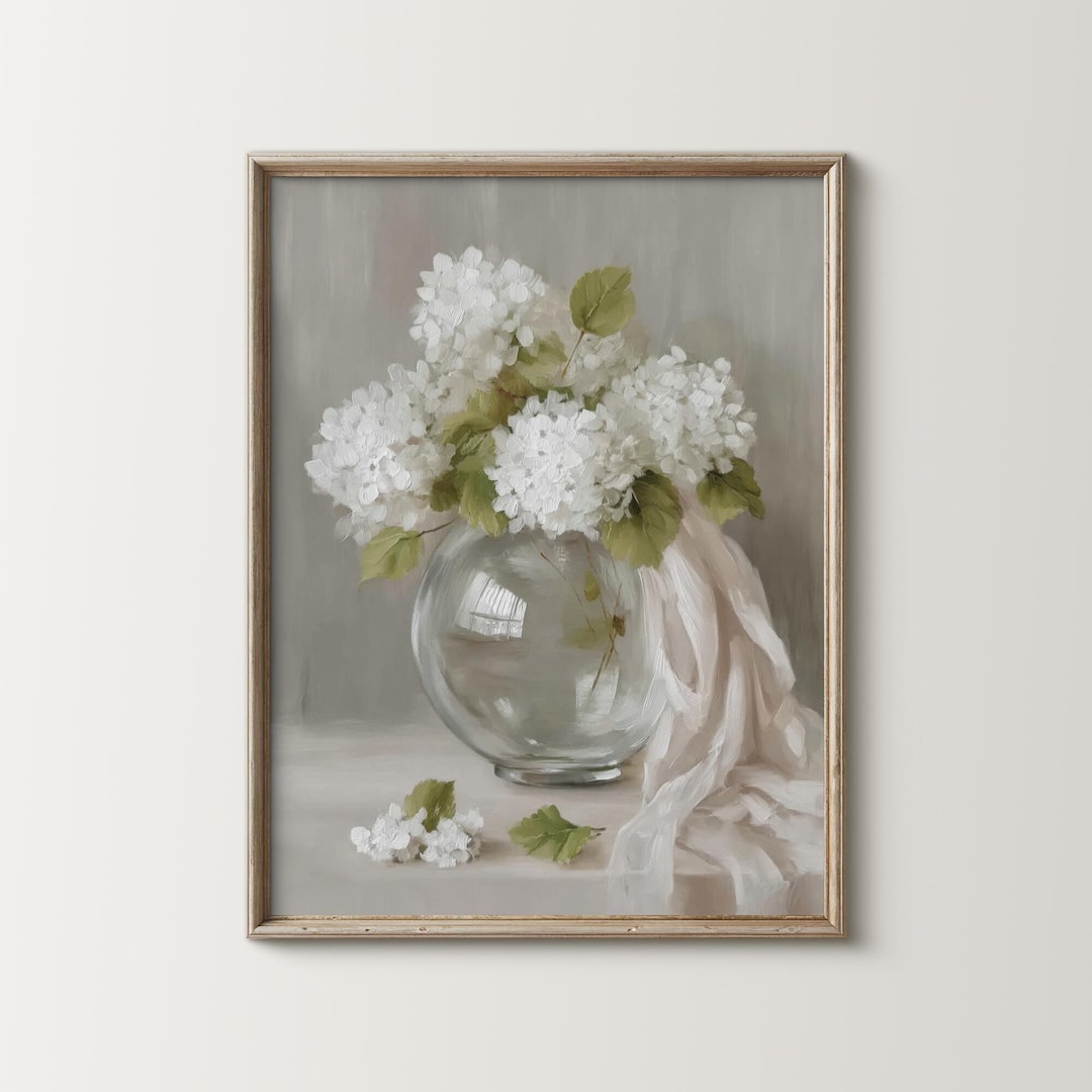 Vintage White Hydrangeas Oil Painting, Muted Floral Wall Art (printable ...