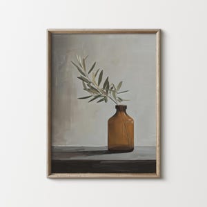 Pintura de naturaleza muerta con ramas de olivo: arte mural floral imprimible con tonos verdes apagados