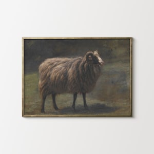 Ilustración de oveja vintage: arte mural de estilo rústico, retrato de animal rústico, tonos apagados, imprimible
