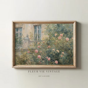 Pintura al óleo de un jardín de rosas victoriano: decoración digital con rosas rosadas