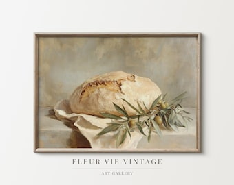 Vintage brood olijftak olieverfschilderij, rustieke keuken kunst aan de muur (digitale download)