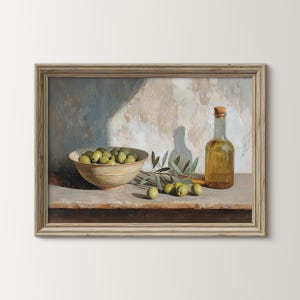 Naturaleza muerta con flores apagadas: arte de pared imprimible con ramas de olivo - Descarga digital Pintura verde