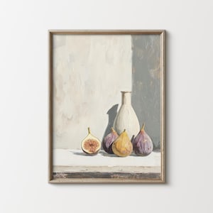 May include: A still life painting of a white ceramic vase and four figs on a white surface. The figs are purple and yellow with one fig cut in half. The background is a light gray and white.