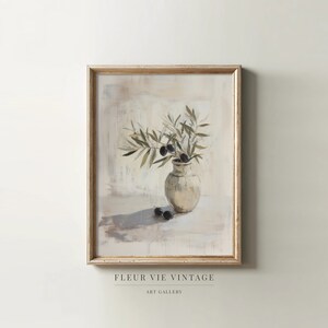 Arte de pared imprimible con naturaleza muerta floral con ramas de olivo en tonos apagados / Decoración de cocina botánica verde Descarga digital