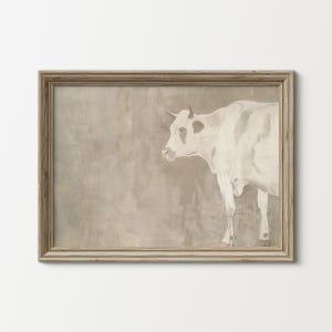 Pintura al óleo minimalista de vaca: tonos apagados para una decoración rústica moderna, impresión artística para interiores.