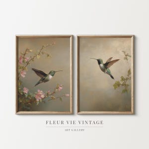 Puede incluir: Dos grabados artísticos vintage enmarcados con colibríes en vuelo. Las aves tienen plumaje verde y blanco con picos largos. Flores rosas y follaje verde en el fondo. El texto "FLEUR VIE VINTAGE ART GALLERY" está en la parte inferior.