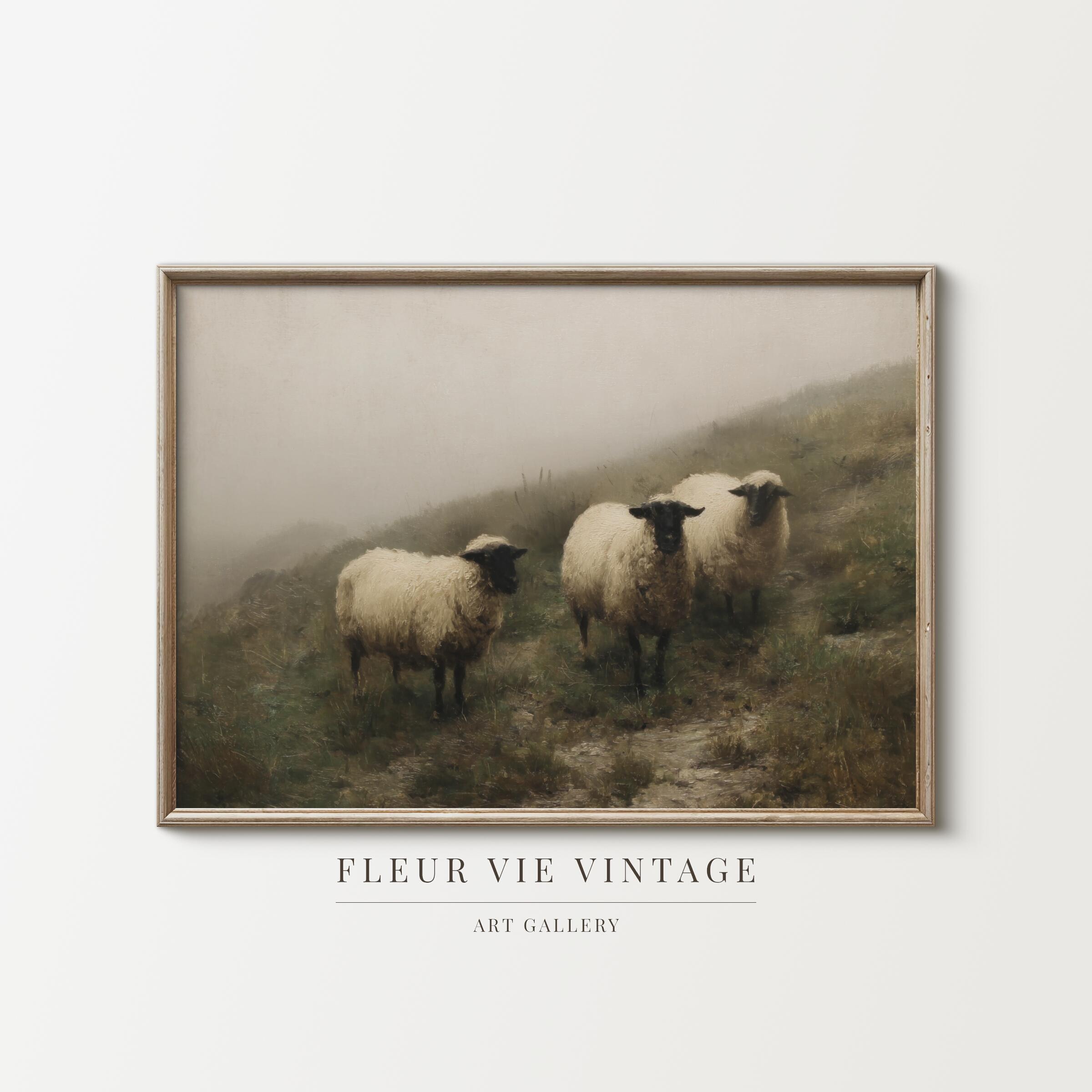 Vintage Muted Sheep Painting Printable Farmhouse Fall Landscape Art ...