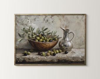 Vintage Olive Branch Oil Painting,  Mediterranean Kitchen Decor, Italian Farmhouse Wall Art (Digital Download)