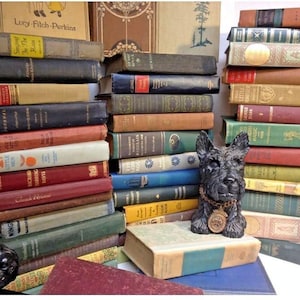 May include: A collection of antique books with various colored covers, stacked in piles. A black dog statue with a gold collar and medallion sits among the books. The books have titles like "Little Men" and "Singing in the Rain".